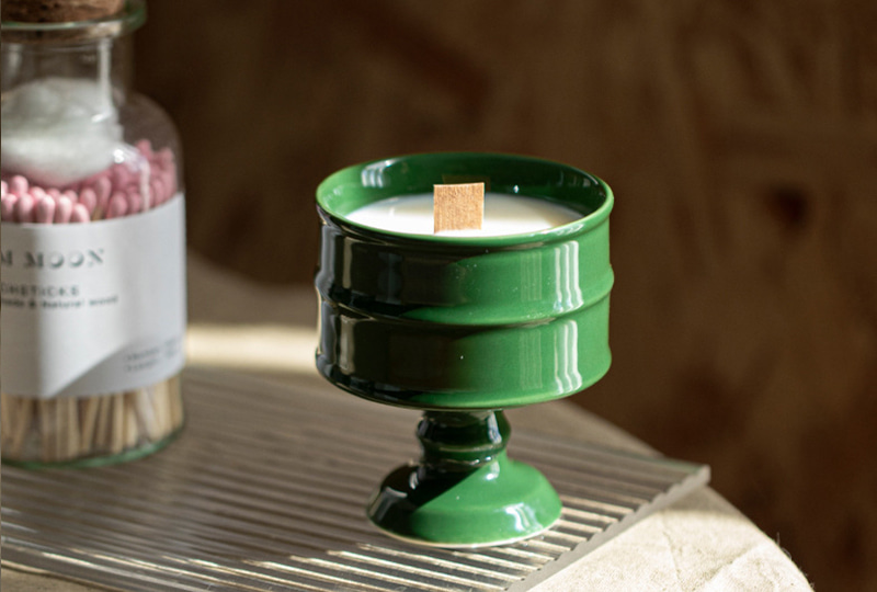 Glossy Ceramic Pedestal Candle Holder with Wooden Wick Candle