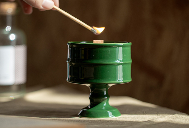 Glossy Ceramic Pedestal Candle Holder with Wooden Wick Candle