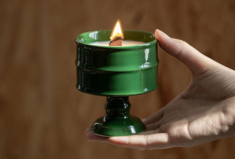 Glossy Ceramic Pedestal Candle Holder with Wooden Wick Candle