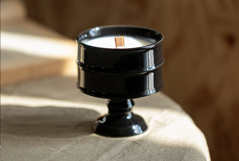 Glossy Ceramic Pedestal Candle Holder with Wooden Wick Candle