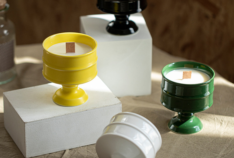Glossy Ceramic Pedestal Candle Holder with Wooden Wick Candle