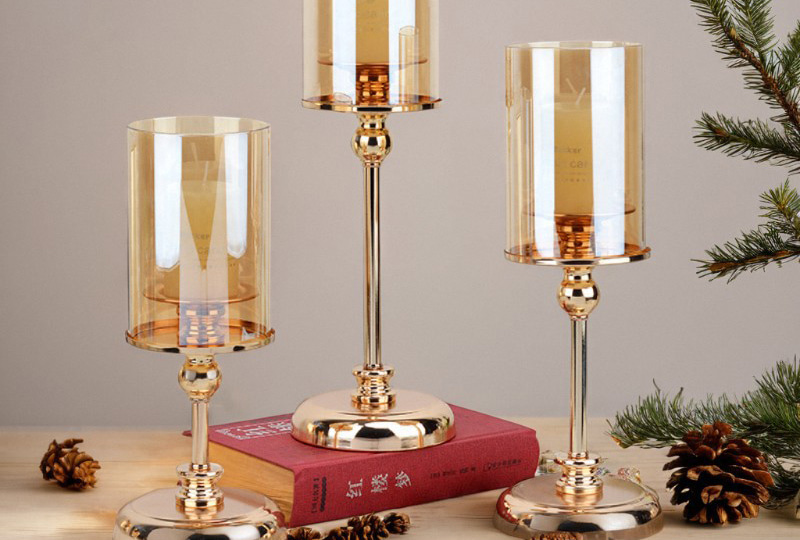 Gold Stem Hurricane Glass Pillar Candle Holder Set