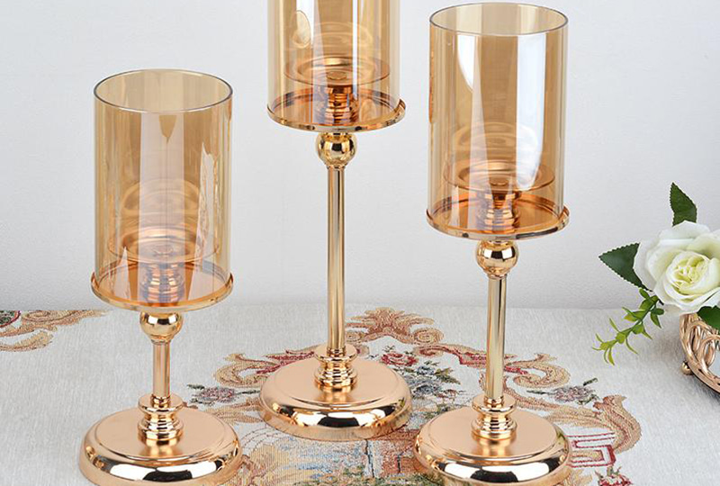 Gold Stem Hurricane Glass Pillar Candle Holder Set