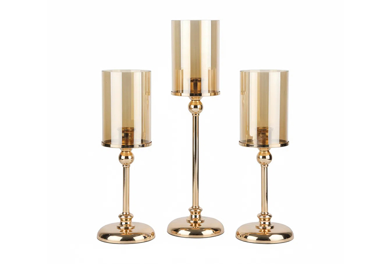 Gold Stem Hurricane Glass Pillar Candle Holder Set