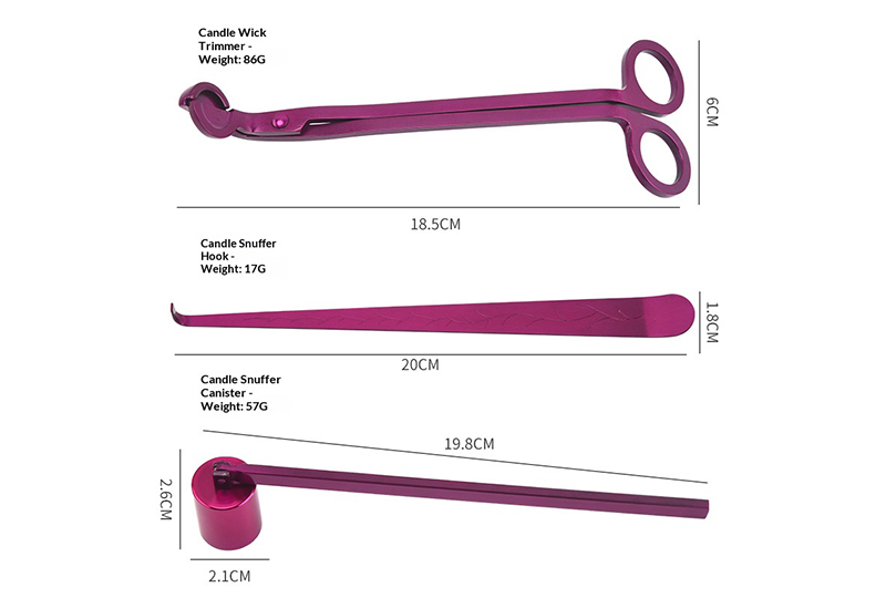 3-Piece Candle Care Set with Magenta Anodized Wick Trimmer