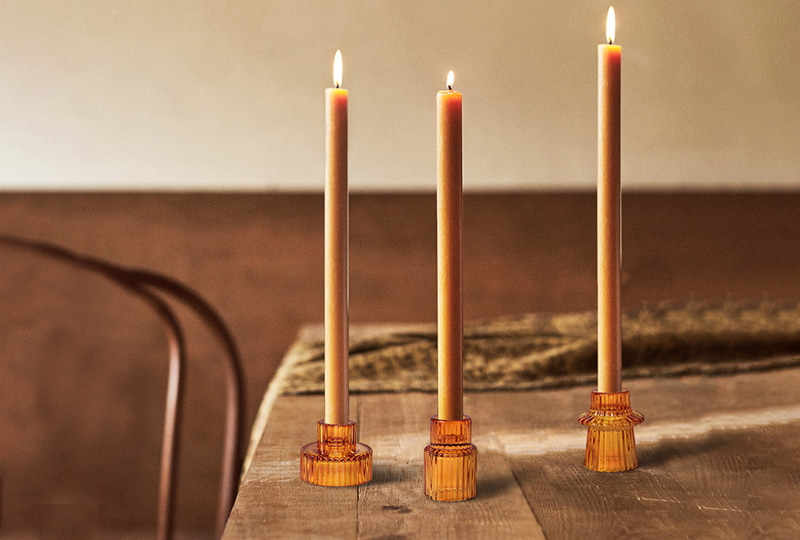 Amber Ribbed Glass Dual-Use Taper & Tealight Candle Holder