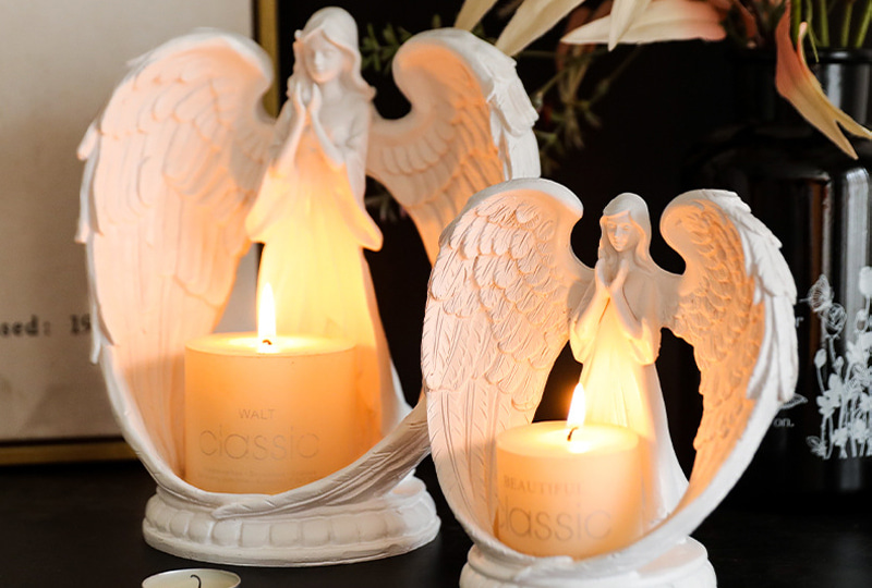 White Resin Angel Figure Embracing Candle Holder