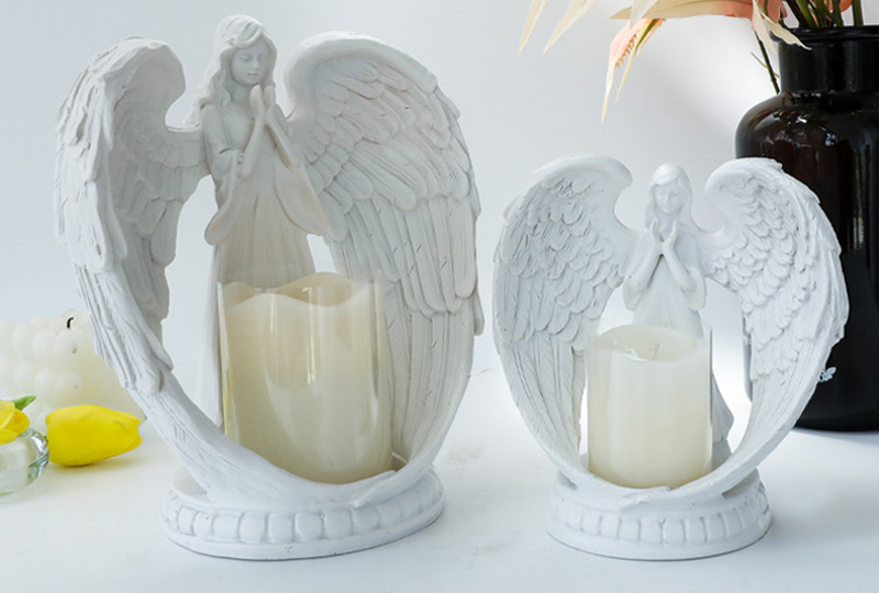 White Resin Angel Figure Embracing Candle Holder
