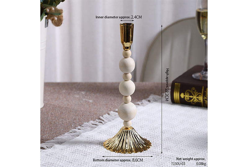 Natural Wood Bead Column Taper Candle Holder